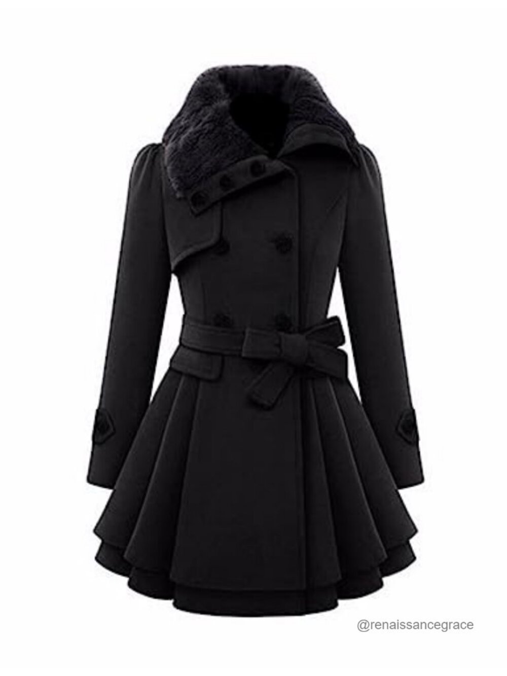 Wool Blend Faux Fur Lapel Double-Breasted Trench Coat A-Line Winter Pea Coat